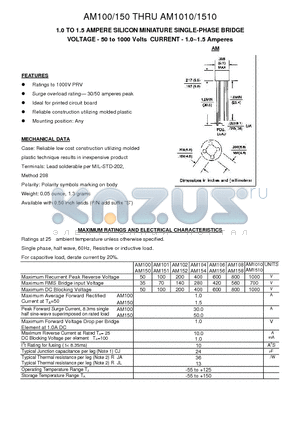 AM101 datasheet - 1.0 TO 1.5 AMPERE SILICON MINIATURE SINGLE-PHASE BRIDGE