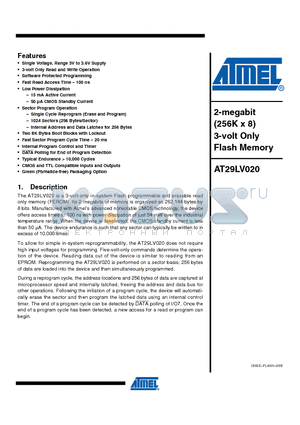 AT29LV020-20TU datasheet - 2-megabit (256K x 8) 3-volt Only Flash Memory