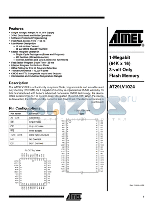 AT29LV1024-15JC datasheet - 1-Megabit (64K x 16) 3-volt Only Flash Memory