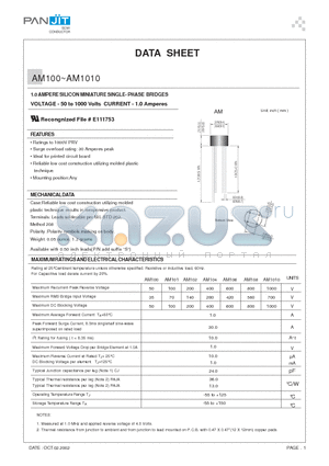 AM108 datasheet - 1.0 AMPERE SILICON MINIATURE SINGLE- PHASE BRIDGES(VOLTAGE - 50 to 1000 Volts CURRENT - 1.0 Amperes)