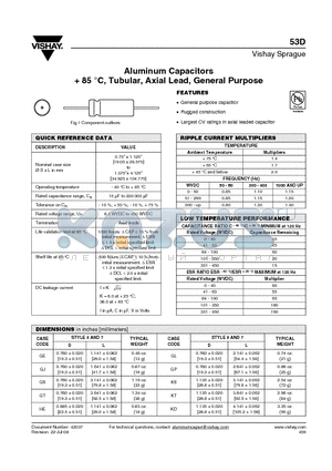 53D datasheet - Aluminum Capacitors  85 `C, Tubular, Axial Lead, General Purpose