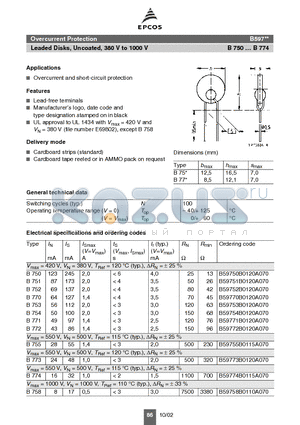 B59755B0115A070 datasheet - Leaded Disks, Uncoated, 380 V to 1000 V