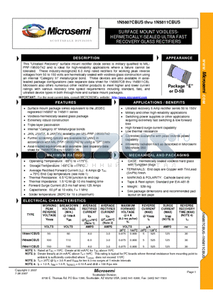 1N5811CBUS datasheet - SURFACE MOUNT VOIDLESSHERMETICALLY-SEALED ULTRA FAST RECOVERY GLASS RECTIFIERS