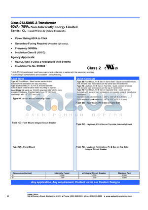 CL60H04-000 datasheet - Class 2 UL5085-3 Transformer 60VA - 75VA, Non-Inherently Energy Limited