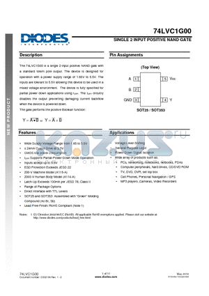 74LVC1G00 datasheet - SINGLE 2 INPUT POSITIVE NAND GATE