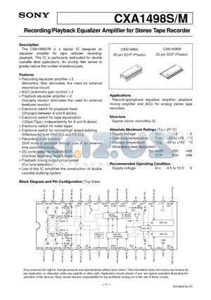 CXA1498S datasheet - Recording/Playback Equalizer Amplifier for Stereo Tape Recorder