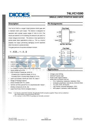 74LVC1G00FZ4-7 datasheet - SINGLE 2 INPUT POSITIVE NAND GATE