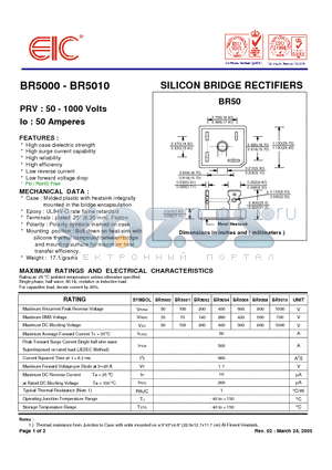 BR5008 datasheet - SILICON BRIDGE RECTIFIERS