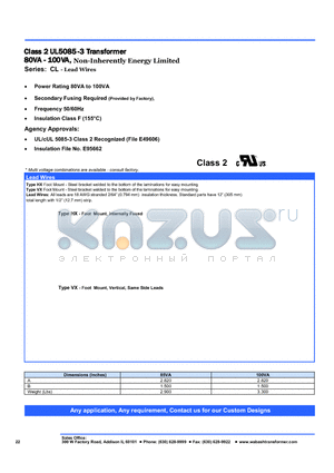 CL85R05-0CT datasheet - Class 2 UL5085-3 Transformer 80VA - 100VA, Non-Inherently Energy Limited