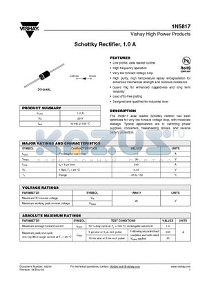 1N5817TR datasheet - Schottky Rectifier, 1.0 A