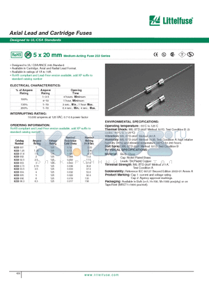 0233001. datasheet - Axial Lead and Cartridge Fuses - Designed to UL/CSA Standards