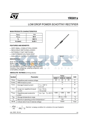 1N5818 datasheet - LOW DROP POWER SCHOTTKY RECTIFIER