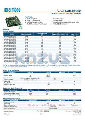 AM150HB-11015S-UZ datasheet - 150 Watt | Half Brick DC-DC Converter