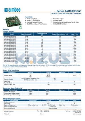 AM150HB-2412S-UZ datasheet - 150 Watt | Half Brick DC-DC Converter