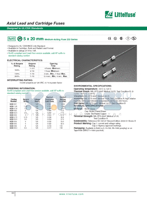 0233003.XW datasheet - Axial Lead and Cartridge Fuses - Designed to UL/CSA Standards