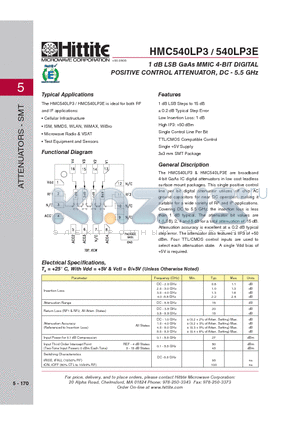 540LP3E datasheet - 1 dB LSB GaAs MMIC 4-BIT DIGITAL POSITIVE CONTROL ATTENUATOR, DC - 5.5 GHz