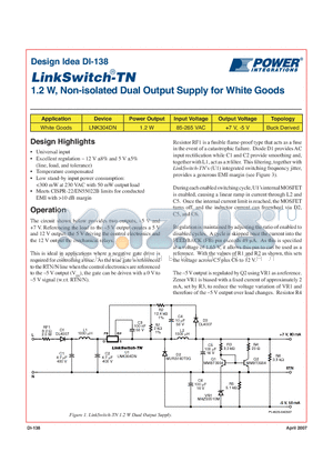 DI-138 datasheet - 1.2 W, Non-isolated Dual Output Supply for White Goods