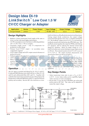 DI-19 datasheet - Low Cost 1.5 W CV/CC Charger or Adapter