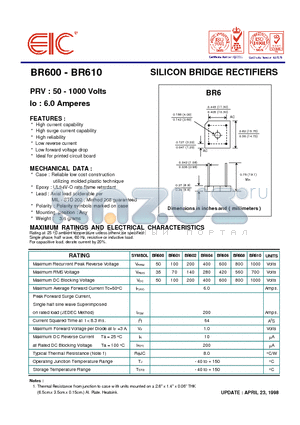 BR606 datasheet - SILICON BRIDGE RECTIFIERS