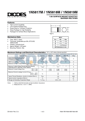 1N5818M datasheet - 1.0A SURFACE MOUNT SCHOTTKY BARRIER RECTIFIER