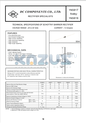 1N5819 datasheet - TECHNICAL SPECIFICATIONS OF SCHOTTKY BARRIER RECTIFIER