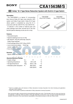 CXA1563S datasheet - Dolby B-C Type Noise Reduction System with Built-in S type Switch