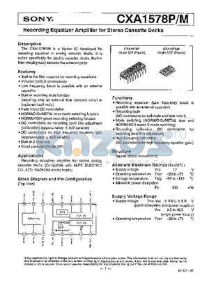 CXA1578P datasheet - RECORDING EQUALIZER AMPLIFIER FOR STEREO CASSETTE DECKS