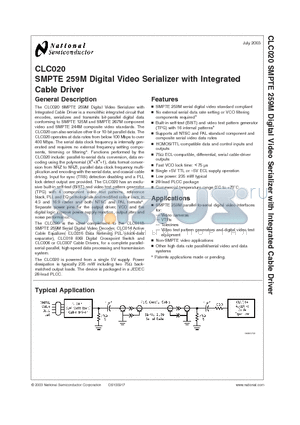 CLC020BCQ datasheet - SMPTE 259M Digital Video Serializer with Integrated Cable Driver