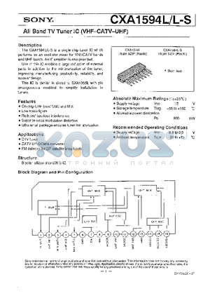 CXA1594 datasheet - ALL BAND TV TUNER IC (VHF-CATV-UHF)