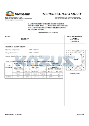 1N5819 datasheet - 1 AMP SCHOTTKY BARRIER RECTIFIER CHIP