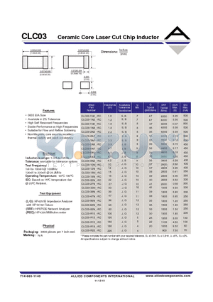 CLC03-12N_-RC datasheet - Ceramic Core Laser Cut Chip Inductor