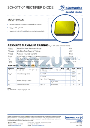 1N5819CSM4 datasheet - SCHOTTKY RECTIFIER DIODE