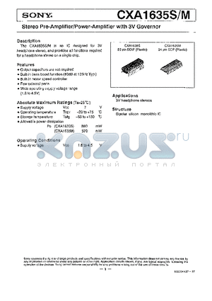 CXA1635S datasheet - STEREO PRE-AMPLIFIER/POWER-AMPLIGIER WITH 3V GOVERNOR