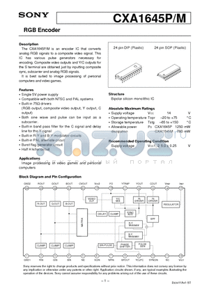 CXA1645P datasheet - RGB Encoder