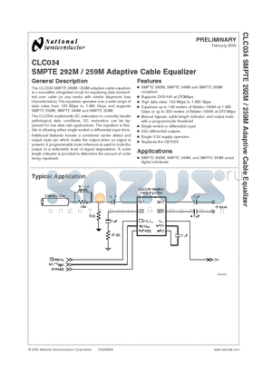 CLC034 datasheet - SMPTE 292M / 259M Adaptive Cable Equalizer
