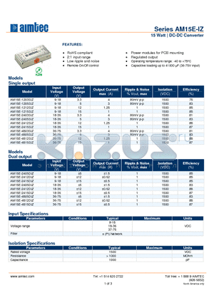 AM15E-2412DIZ datasheet - 15 Watt | DC-DC Converter