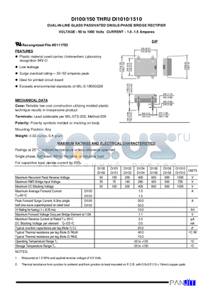 DI150 datasheet - DUAL-IN-LINE GLASS PASSIVATED SINGLE-PHASE BRIDGE RECTIFIER(VOLTAGE - 50 to 1000 Volts CURRENT - 1.0~1.5 Amperes)