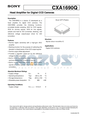 CXA1690Q datasheet - Head Amplifier for Digital CCD Cameras