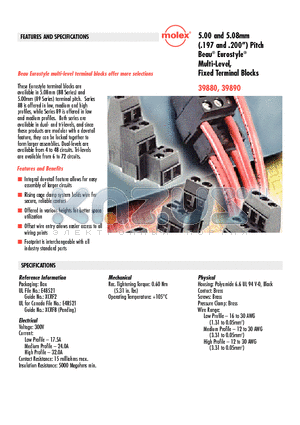 39880-08 datasheet - 5.00 and 5.08mm (.197 and .200) Pitch Beau^ Eurostyle^ Multi-Level, Fixed Terminal Blocks