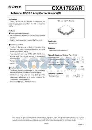 CXA1702AR datasheet - 4-channel REC/PB Amplifier for 8 mm VCR