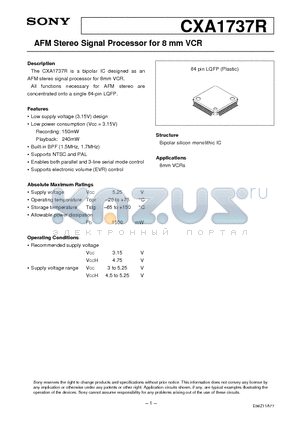 CXA1737R datasheet - AFM Stereo Signal Processor for 8 mm VCR