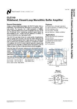 CLC110 datasheet - Wideband, Closed-Loop Monolithic Buffer Amplifier