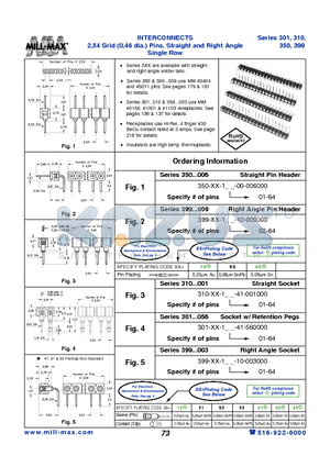 399-10-164-00-009000 datasheet - INTERCONNECTS 2,54 Grid (0,46 dia.) Pins, Straight and Right Angle Single Row