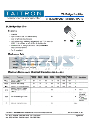 BR805DTP200 datasheet - 2A Bridge Rectifier