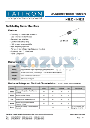 1N5820 datasheet - 3A Schottky Barrier Rectifiers