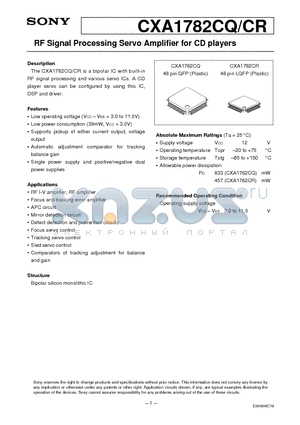 CXA1782CQ datasheet - RF Signal Processing Servo Amplifier for CD players