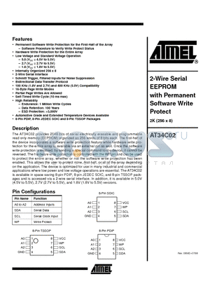 AT34C02-10PC-1.8 datasheet - 2-Wire Serial EEPROM with Permanent Software Write Protect