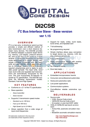 DI2CSB datasheet - I2C Bus Interface Slave - Base version