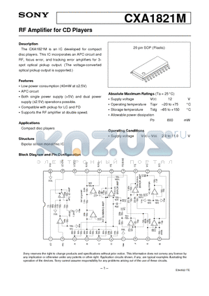 CXA1821 datasheet - RF Amplifier for CD Players