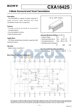 CXA1842 datasheet - 3-Mode Surround and Vocal Cancellation